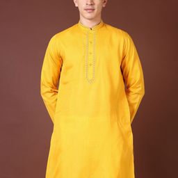 V-Mart Mandarin Collar Regular Thread Work Machine Weave Straight Kurta-image-70