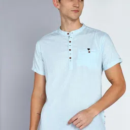 Kuons Avenue Linen Cotton Mandarin Collar Roll Up Sleeve Pathani Short Straight Kurta-image-53