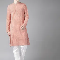 See Designs Men Peach-Coloured Geometric Printed Cotton Kurta-14