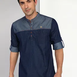 Kuons Avenue Mandarin Collar Roll-Up Sleeves Cotton Denim Straight Kurta-picture-36