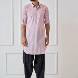 See Designs Shirt Collar Striped Pure Cotton Pathani Kurta-picture-27