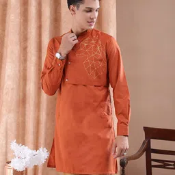 The Indian Garage Co Men Rust Orange Printed Detail Layered Kurta-picture-20