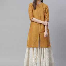 AURELIA Women Golden & Navy Blue Checked Straight Kurta-image-85