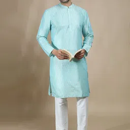 FILORI Floral Woven Design Mandarin Collar Straight Chikankari Art Silk Kurta-picture-20