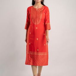MAUKA Women Red & Gold-Toned Ethnic Motifs Printed Kurta-27