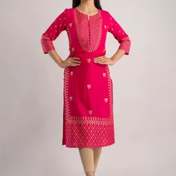 MAUKA Women Pink & Gold-Toned Ethnic Motifs Printed Kurta-picture-22