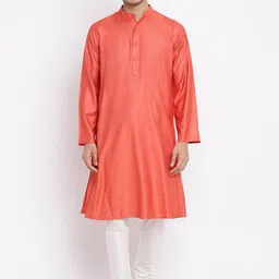 Fabindia Men Coral Solid Long Sleeves Straight Kurta-image-92