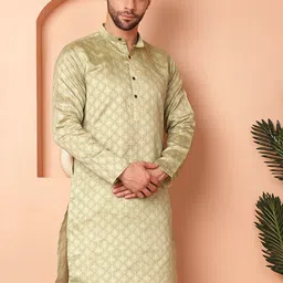 Jompers Geometric Woven Design Mandarin Collar Silk Curved A-Line Kurta-image-84