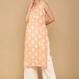 Soch Women Peach-Coloured Ethnic Motifs Printed Keyhole Neck Kurta-image-16