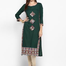 KALINI Women Green & Cream-Coloured Embroidered Kurta-picture-2