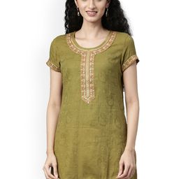 Souchii Women Olive Green Woven Design Kurta-image-12