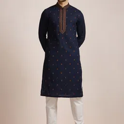 Manyavar Mandarin Collar long Sleeves Ethnic Motifs Embroidered Cotton Kurta-image-21