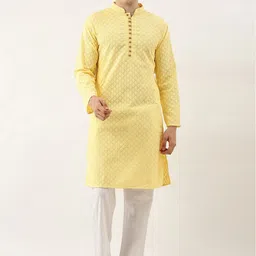 SWAGG INDIA Men Yellow Geometric Cotton Kurta-picture-9