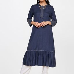 Global Desi Tie-Up Neck Thread Work Tiered A-Line Denim Kurta-picture-45