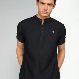 Kuons Avenue Band Collar Short Sleeve Denim Short Kurta-image-77