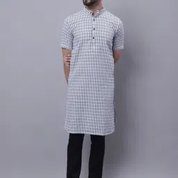 even Checked Mandarin Collar Pure Cotton Kurta-image-8