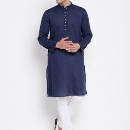 even Men Navy Blue Solid Pure Cotton Kurta-image-60