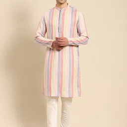 Amodh by Kisah Men Pink & Blue Striped Thread Work Pastels Dobby Kurta-picture-22