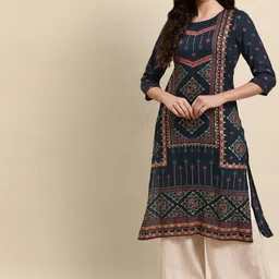 RANGMAYEE Geometric Checked Round Neck Three-Quarter Sleeves Kurta image 1