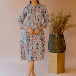 KALINI Printed Mandarin Collar Cotton A-Line Ethnic Dress-image-74