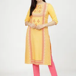 KETCH Women Yellow & Pink Ethnic Motifs Printed Keyhole Neck Kurta-image-98