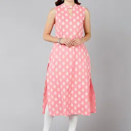 ZNX Clothing Women Pink & White Ethnic Motifs Printed Keyhole Neck Cotton A-line Kurta-picture-6