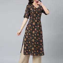 Idalia Women Black & Orange Floral Striped Floral Kurta-picture-36