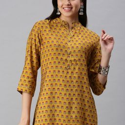 SHOWOFF Women Mustard Yellow Floral Printed Flared Sleeves Kurta-picture-6
