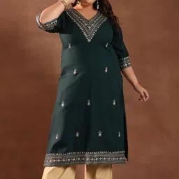 EXTRA LOVE BY LIBAS Plus Size Floral Embroidered Flared Sleeves Straight Kurta-image-77