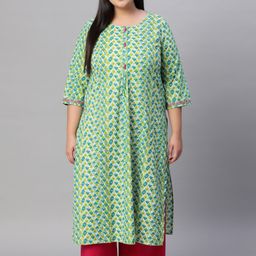 Jaipur Kurti Women Green & Navy Blue Geometric Printed Kurta-52