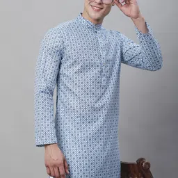 SOJANYA Men Geometric Printed Cotton Linen Kurta-19