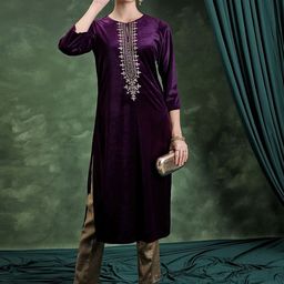 Vishudh Magenta Floral Yoke Design Embroidered Straight Kurta-image-20