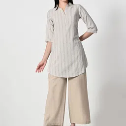 ALL WAYS YOU Stiped Shirt Collar Sequinned Cotton Straight Kurta-38