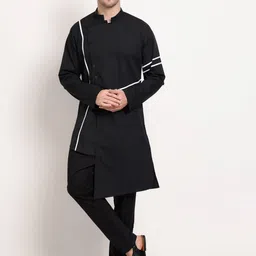 MIDAV Striped Mandarin Collar Angrakha Cotton Asymmetric Kurta-picture-57