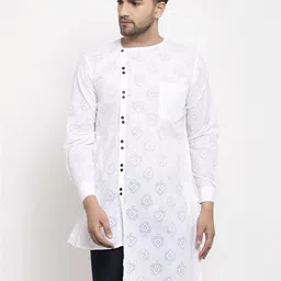 KLOTTHE Men White Striped Thread Work Asymmetric Kurta-image-39