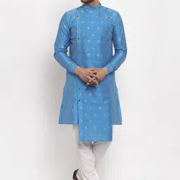 KLOTTHE Men Blue Thread Work Asymmetric Kurta-image-47