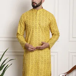 SOJANYA Ethnic Motifs Printed Mandarin Collar Cotton Linen Kurta-image-4