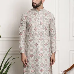 SOJANYA Ethnic Motifs Printed Mandarin Collar Cotton Linen Kurta-image-3