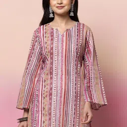 INDYA Striped Printed Notched Neck Long Sleeves Pure Cotton Short Kurta-picture-58