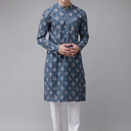 See Designs Men Blue Geometric Printed Handloom Pure Cotton Kurta-picture-58
