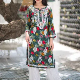 Rangreza Ethnic Floral Embroidered & Printed Chikankari Notched Round Neck Straight Kurta-image-17
