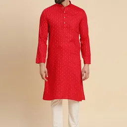 RAJUBHAI HARGOVINDAS Geometric Woven Design Mandarin Collar Cotton Straight Kurta-image-19