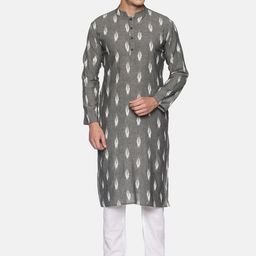 PAROKSH Men Grey & White Ethnic Motifs Ikat  Handloom Pure Cotton Kurta-picture-28