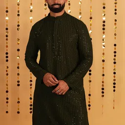 Lightpole Ethnic Motifs Embroidered Sequined Mandarin Collar Pure Cotton Kurta-image-13
