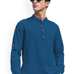 EdinWolf Mandarin Collar Roll-Up Sleeves Slim Fit Cotton Short Kurta-image-64