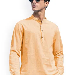 EdinWolf Mandarin Collar Roll-Up Sleeves Slim Fit Cotton Short Kurta-image-1