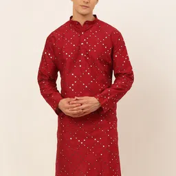 Jompers Men Embellished Mirror Work Regular Dupion Silk Kurta-picture-35