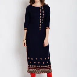 AgrohA Women Navy Blue Floral Embroidered Kurta-image-86