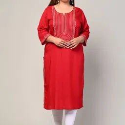 KALINI Plus Size Ethnic Motifs Embroidered Notch Neck Mirror Work Straight Kurta-17
