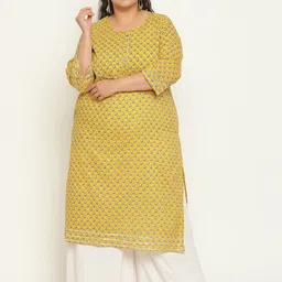 Sringam Plus Size Ethnic Motifs Printed Mandarin Collar Gotta Patti Cotton Kurta-image-66